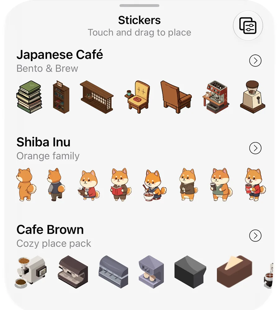 Sticker sheet with Japanese Café, Shiba Inu and Cafe Brown packs