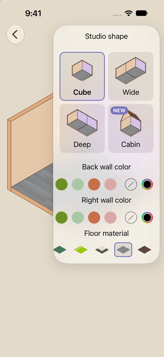 Studio shape, wall colour and floor material picker