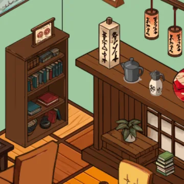 Café bar with a paper lantern and shelves