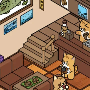 Cat characters at a sushi bar with a koi print