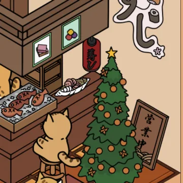 Cat character beside a sushi counter with a Christmas tree