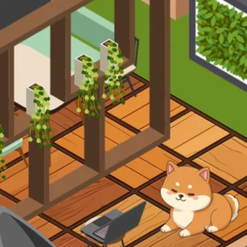 A shiba resting on a wooden loft floor