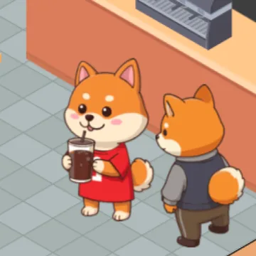 Two shiba characters at a shop counter